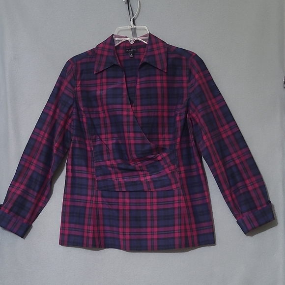 TALBOTS Silk Blend Plaid Faux Wrap Long Sleeve Navy Pink Shirt - Size 10 - Picture 1 of 14